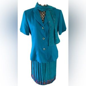 Leslie Fay dress size 12 2 piece set blouse button up turqouise skirt pleated